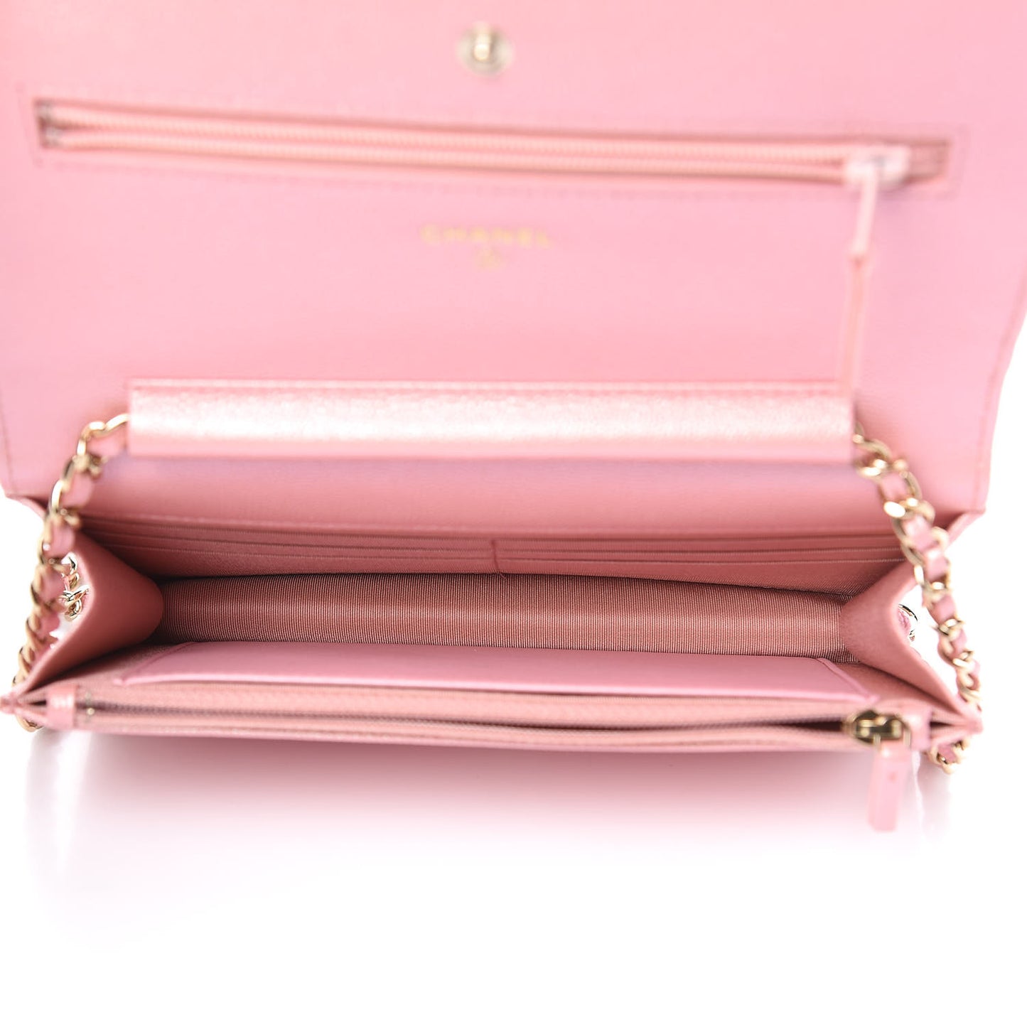 Iridescent Caviar Quilted Wallet on Chain WOC Pink