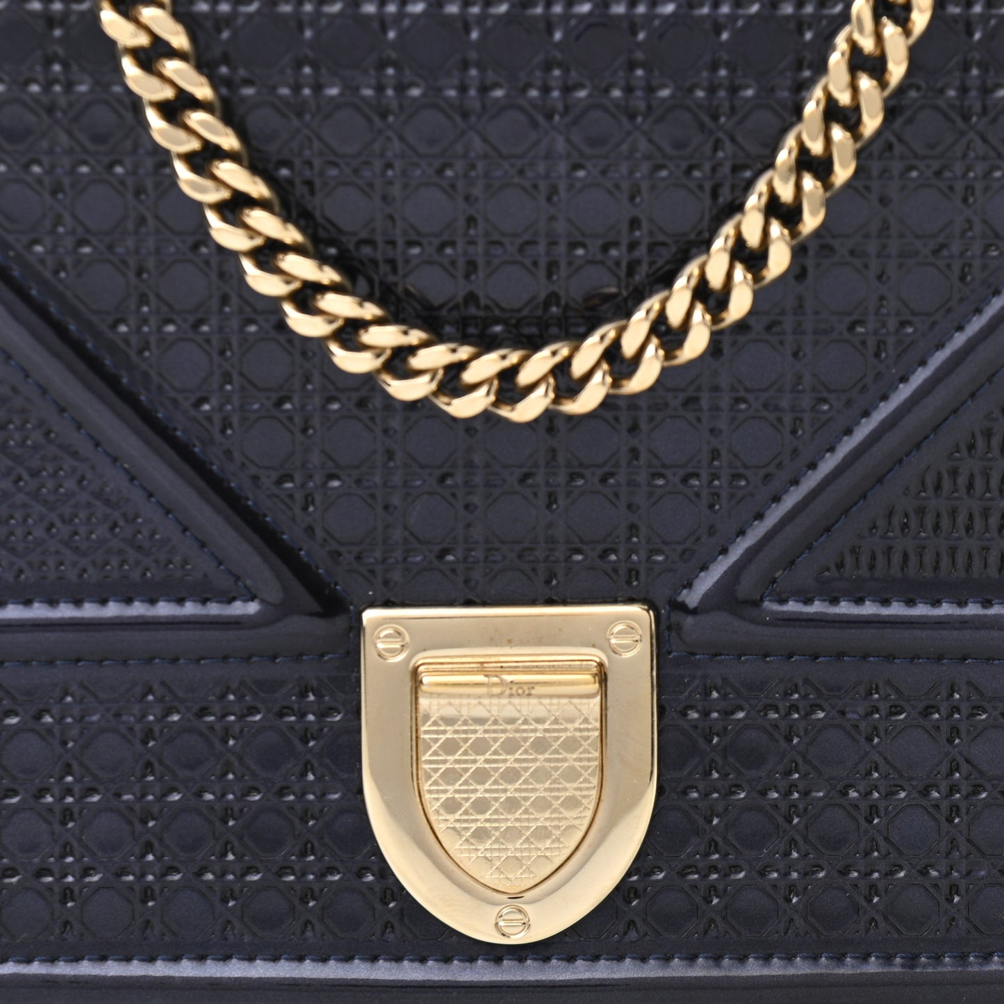 Metallic Patent Micro-Cannage Diorama Wallet on Chain Pouch Navy Blue