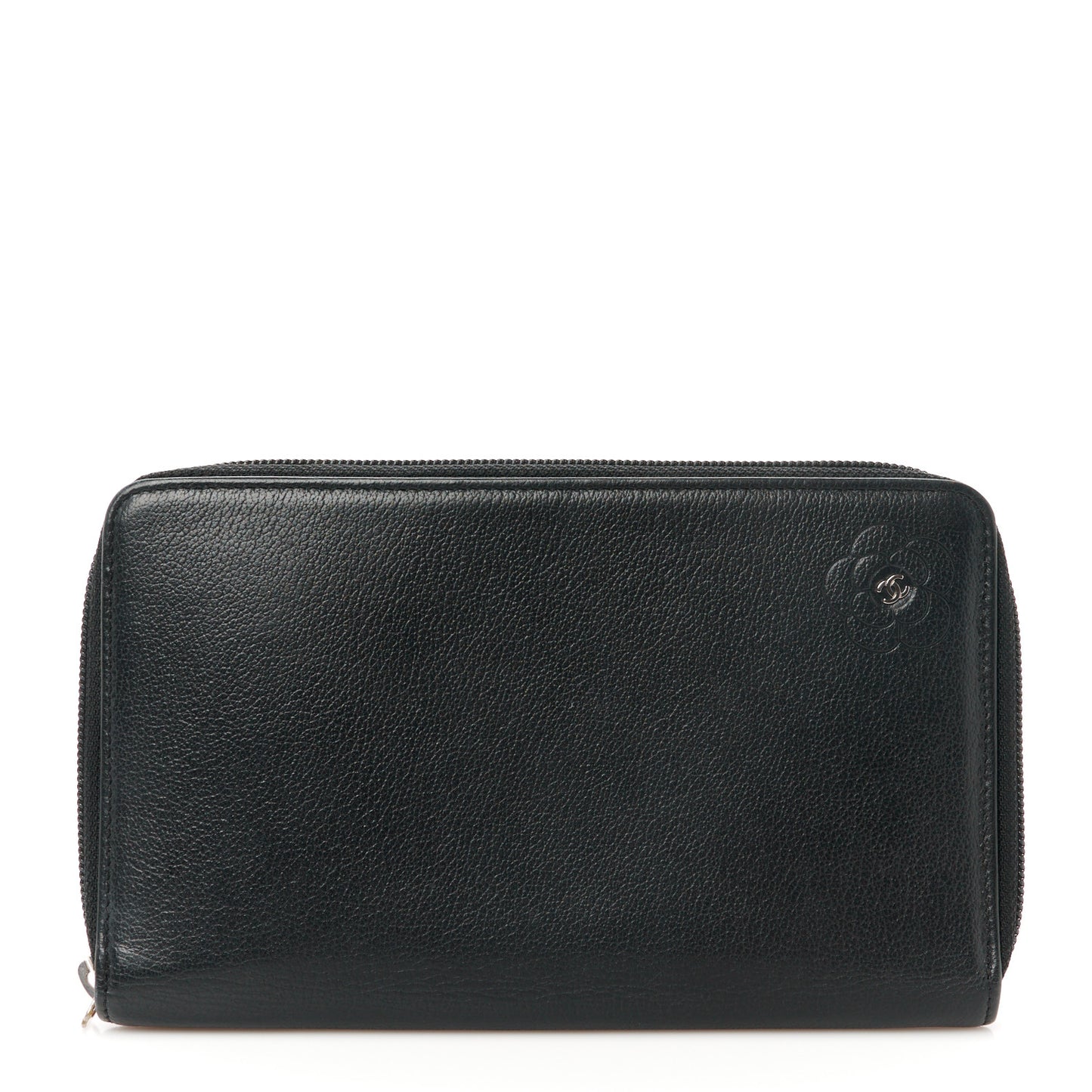 Goatskin Camellia Embossed Zip Around Organizer Wallet Black