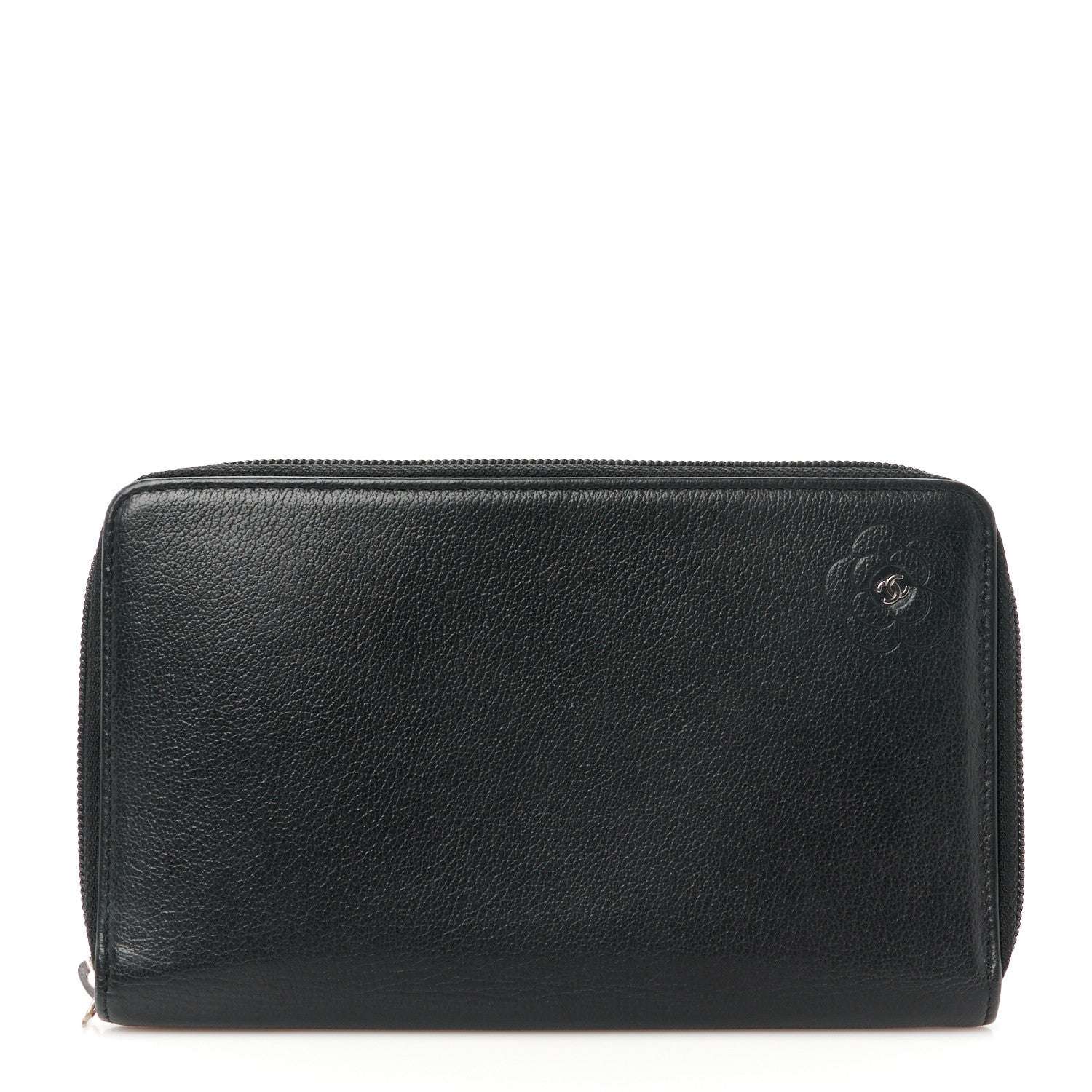 Chanel Goatskin Camellia Embossed Zip Around Organizer Wallet Black 1 of 10