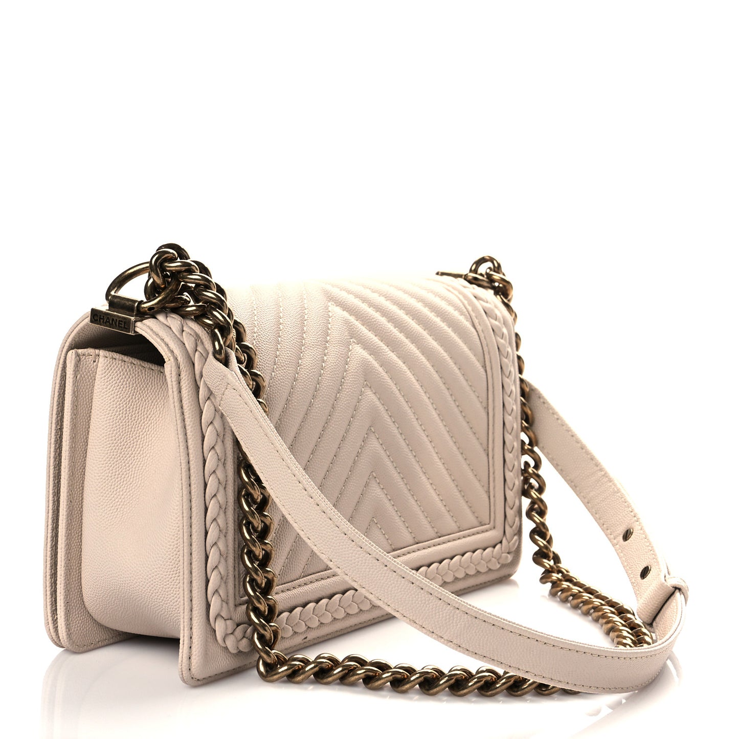 Caviar Chevron Quilted Braided Medium Boy Flap Beige