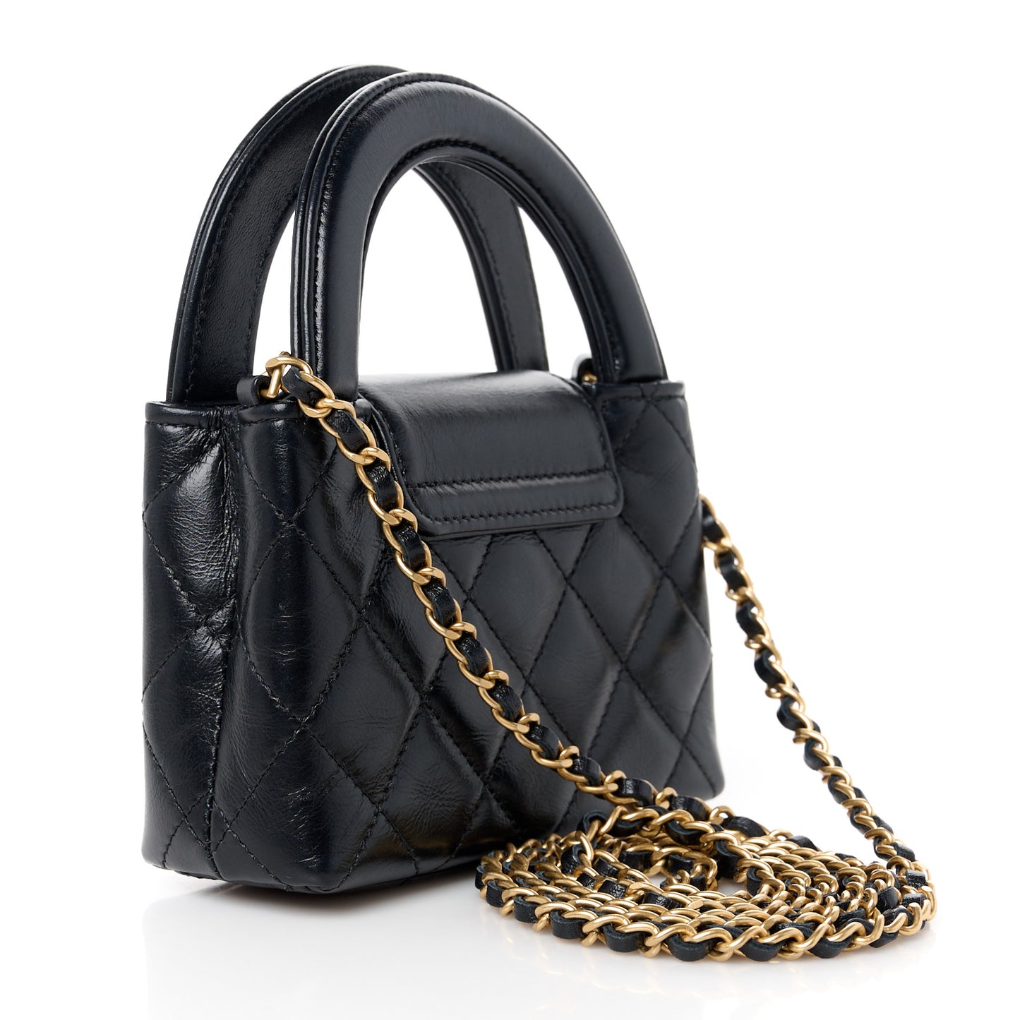 Shiny Aged Calfskin Quilted Mini Nano Kelly Shopper Black