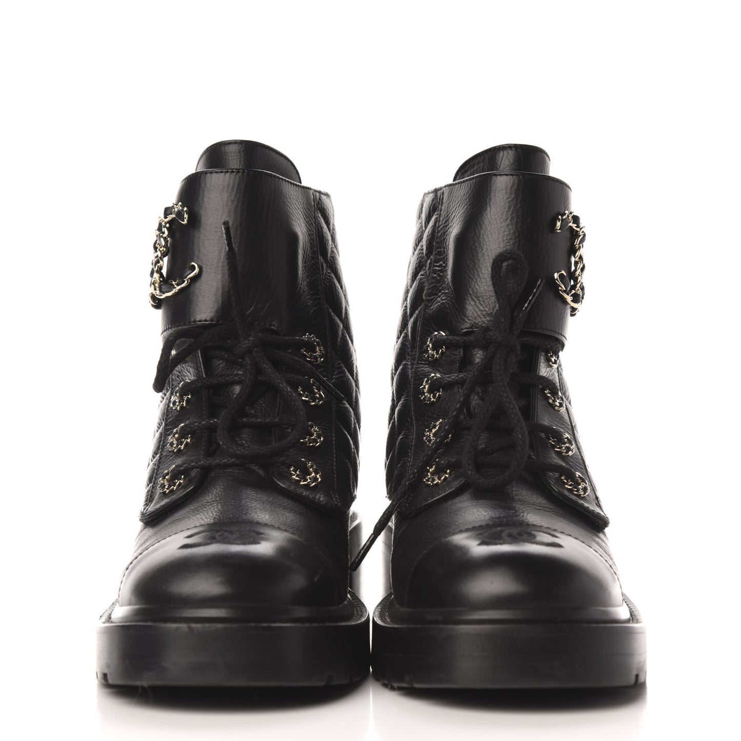 Shiny Goatskin Calfskin Quilted Lace Up Combat Boots 39 Black