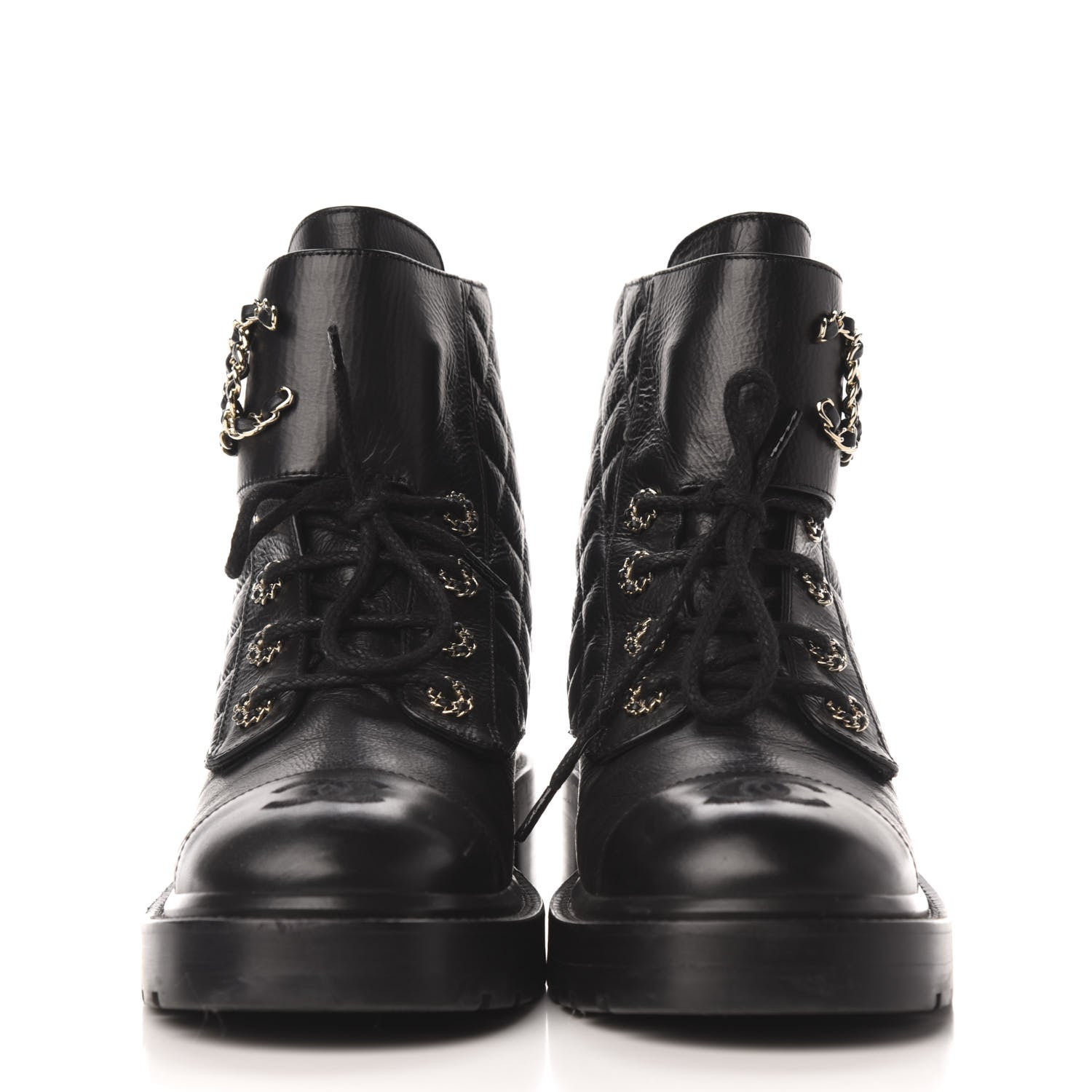 Chanel Shiny Goatskin Calfskin Quilted Lace Up Combat Boots 39 Black 2 of 9