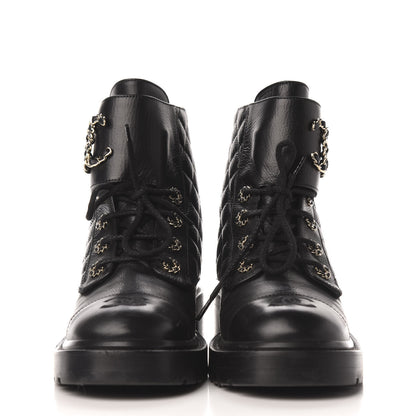 Chanel Shiny Goatskin Calfskin Quilted Lace Up Combat Boots 39 Black 2 of 9