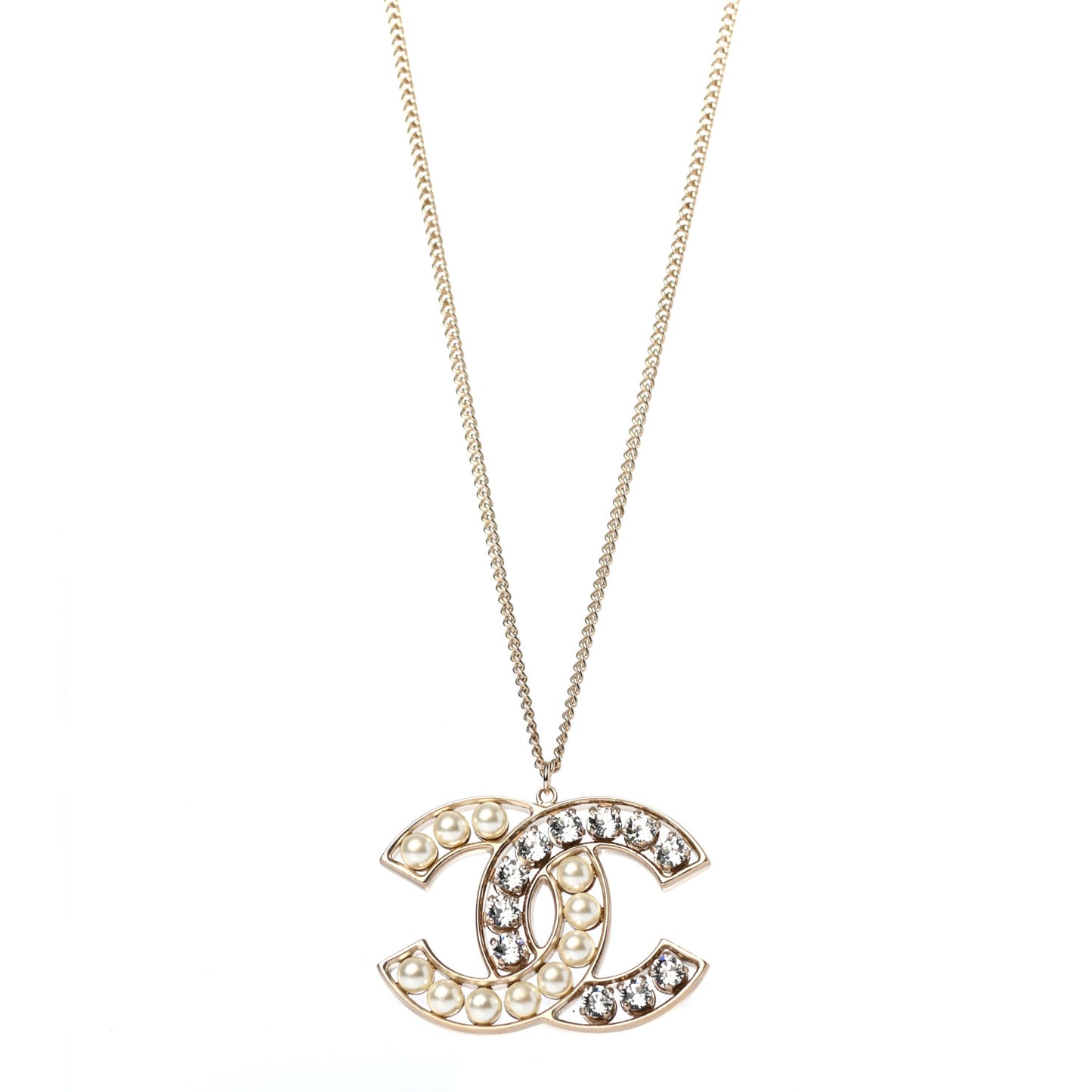 Pearl Crystal CC Pendant Necklace Gold