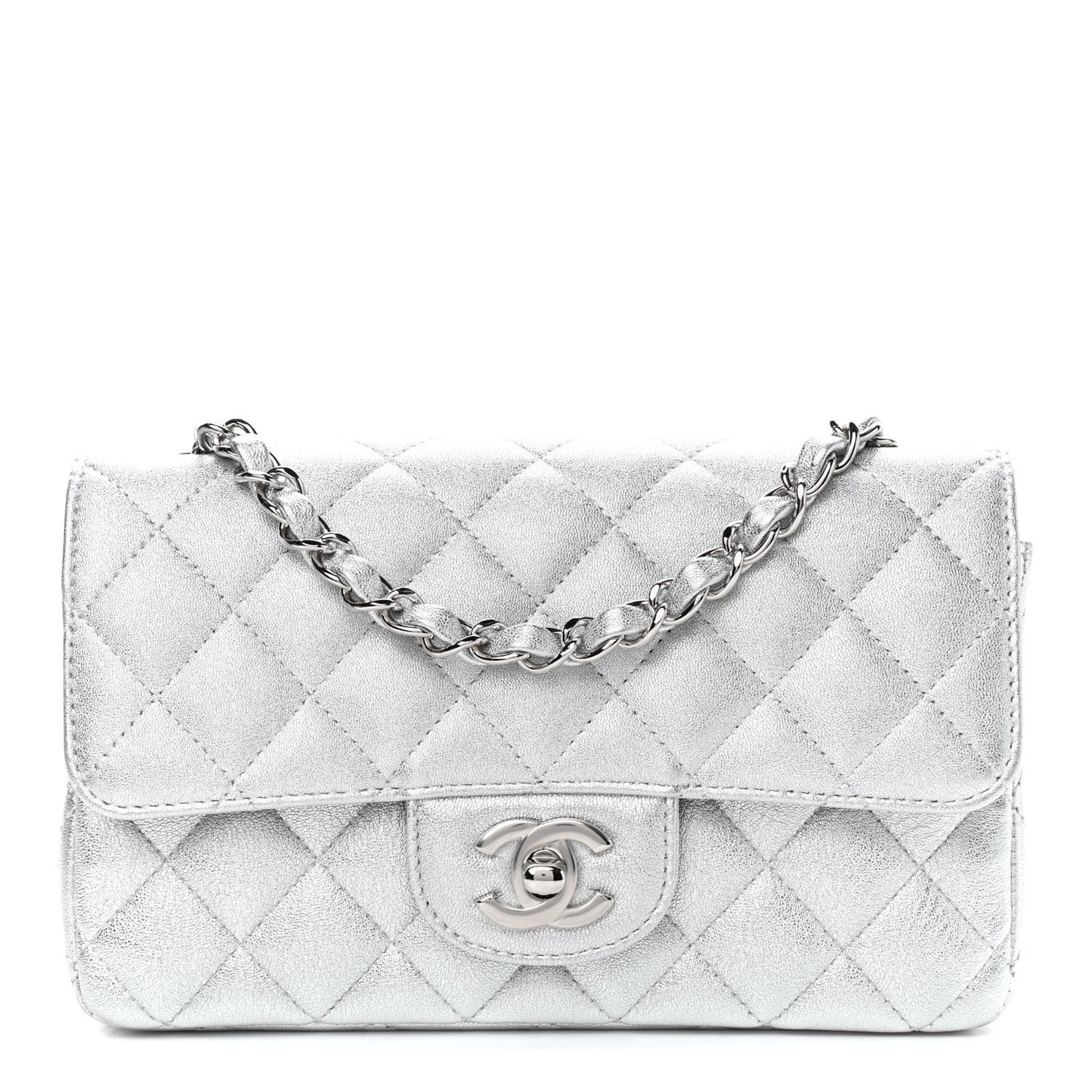 Metallic Lambskin Quilted Mini Rectangular Flap Silver