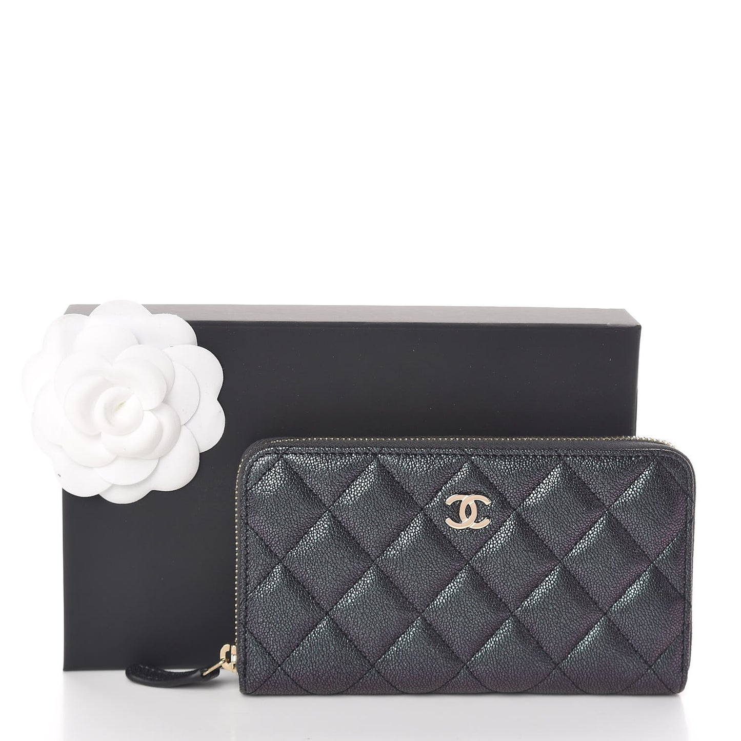 Iridescent Caviar Quilted Medium Zip Around Wallet Black
