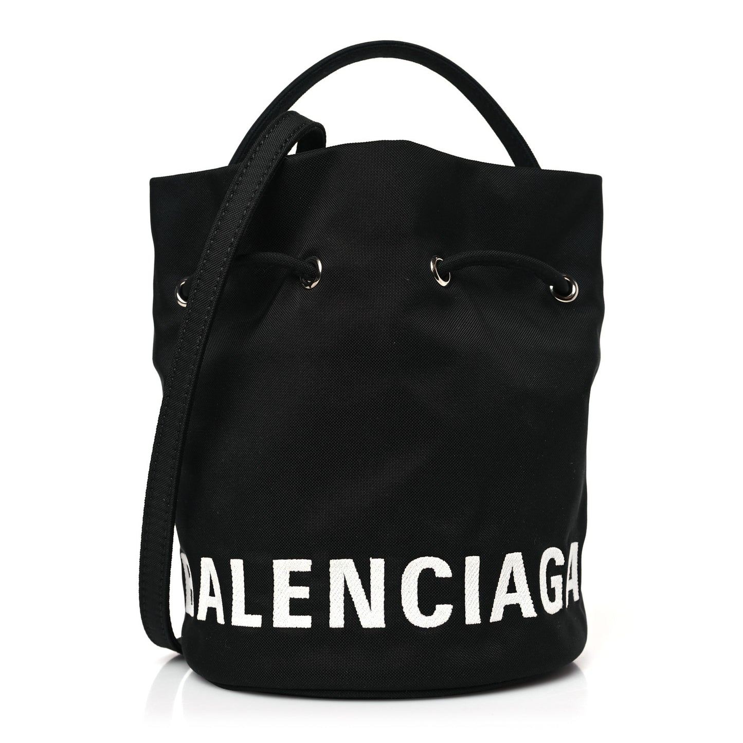 Recycled Sport Nylon Logo Embroidered Wheel Drawstring Bucket Bag XS Black