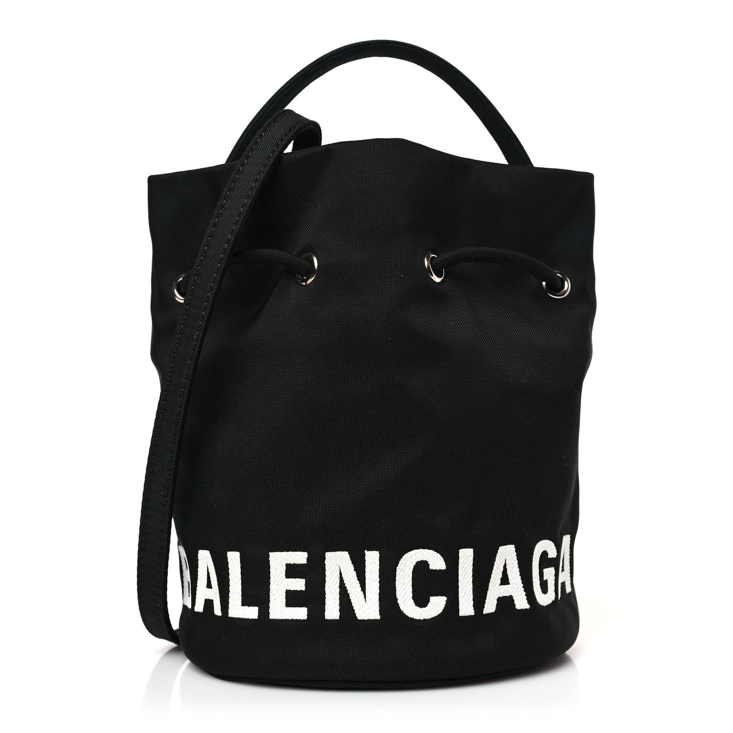 Balenciaga Recycled Sport Nylon Logo Embroidered Wheel Drawstring Bucket Bag XS Black 1 of 8