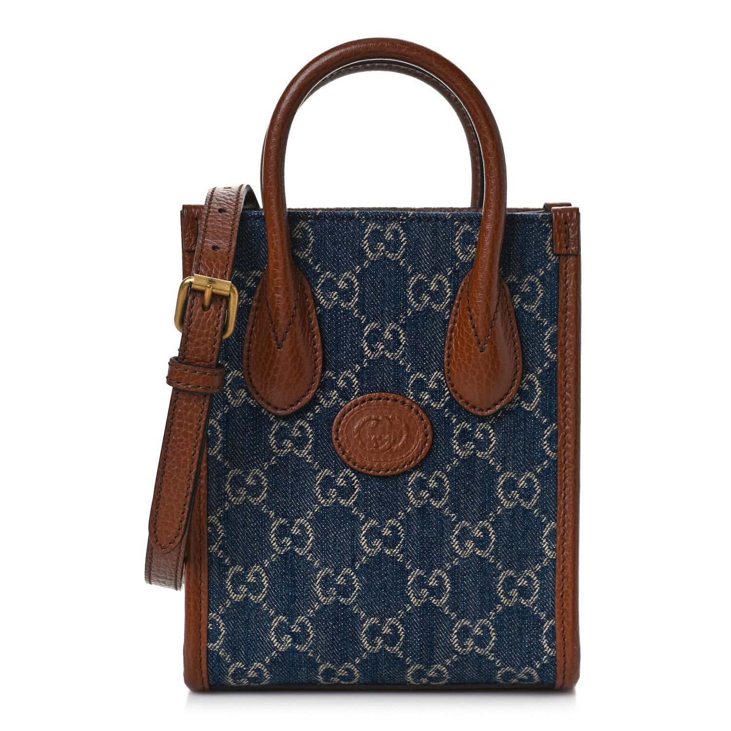 Gucci New Denim GG Monogram Dollar Calfskin Mini Retro Interlocking G Tote Bag Blue Tea Cuir Epilog 1 of 10
