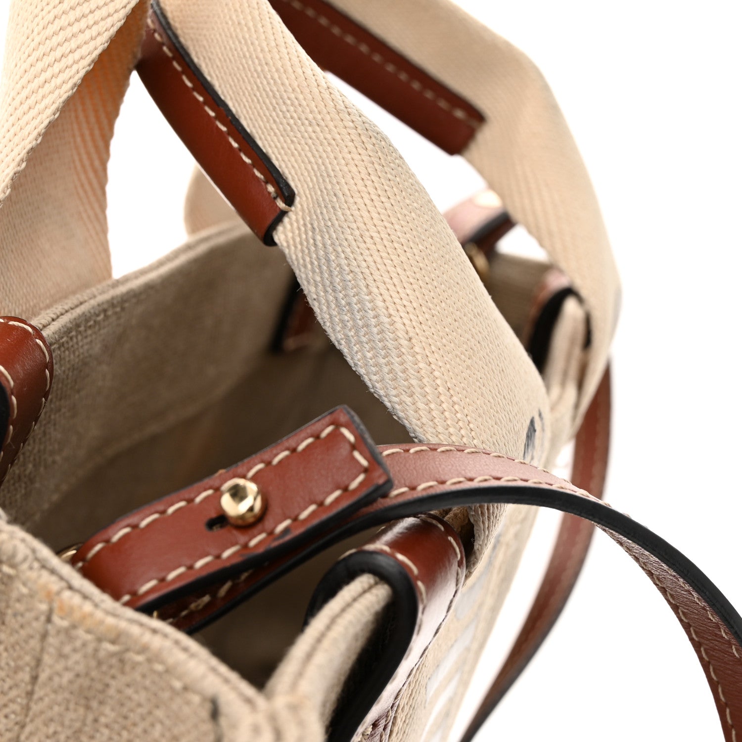 Chloe Linen Calfskin Small Woody Ribbon Tote With Strap White Brown 11 of 11