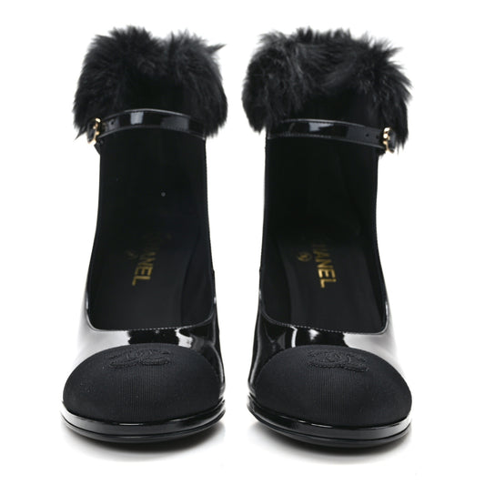 Patent Shearling Lambskin Cap Toe Mary Jane Pumps 41 Black