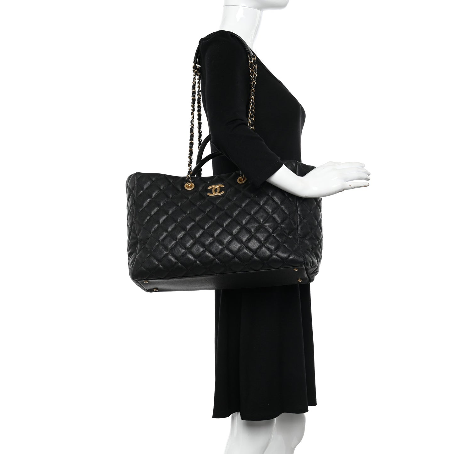Caviar Quilted Large Coco Handle Shopping Tote Black