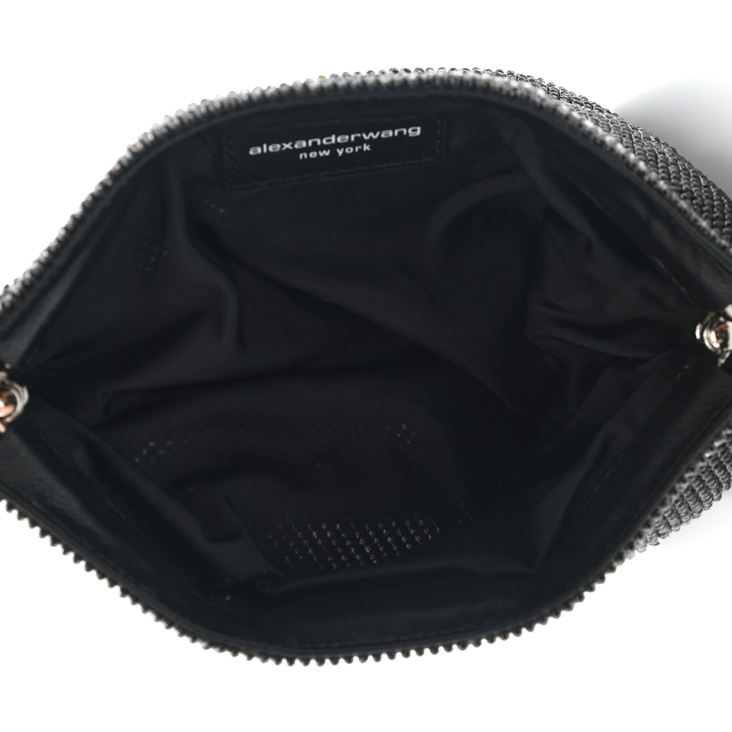 Rhinestone Chain Mesh Wanglock Logo Pouch Black White