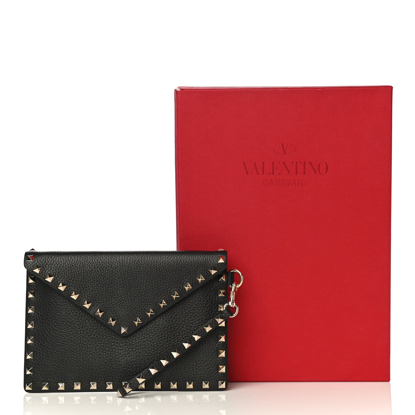 Pebbled Calfskin Medium Rockstud Envelope Flat Wristlet Pouch Black