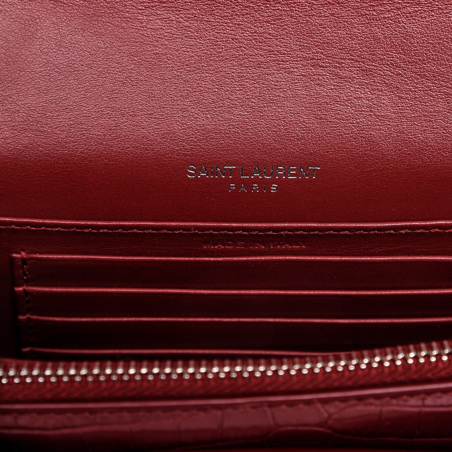 Calfskin Crocodile Embossed Monogram Sunset Chain Wallet New Lipstick Red