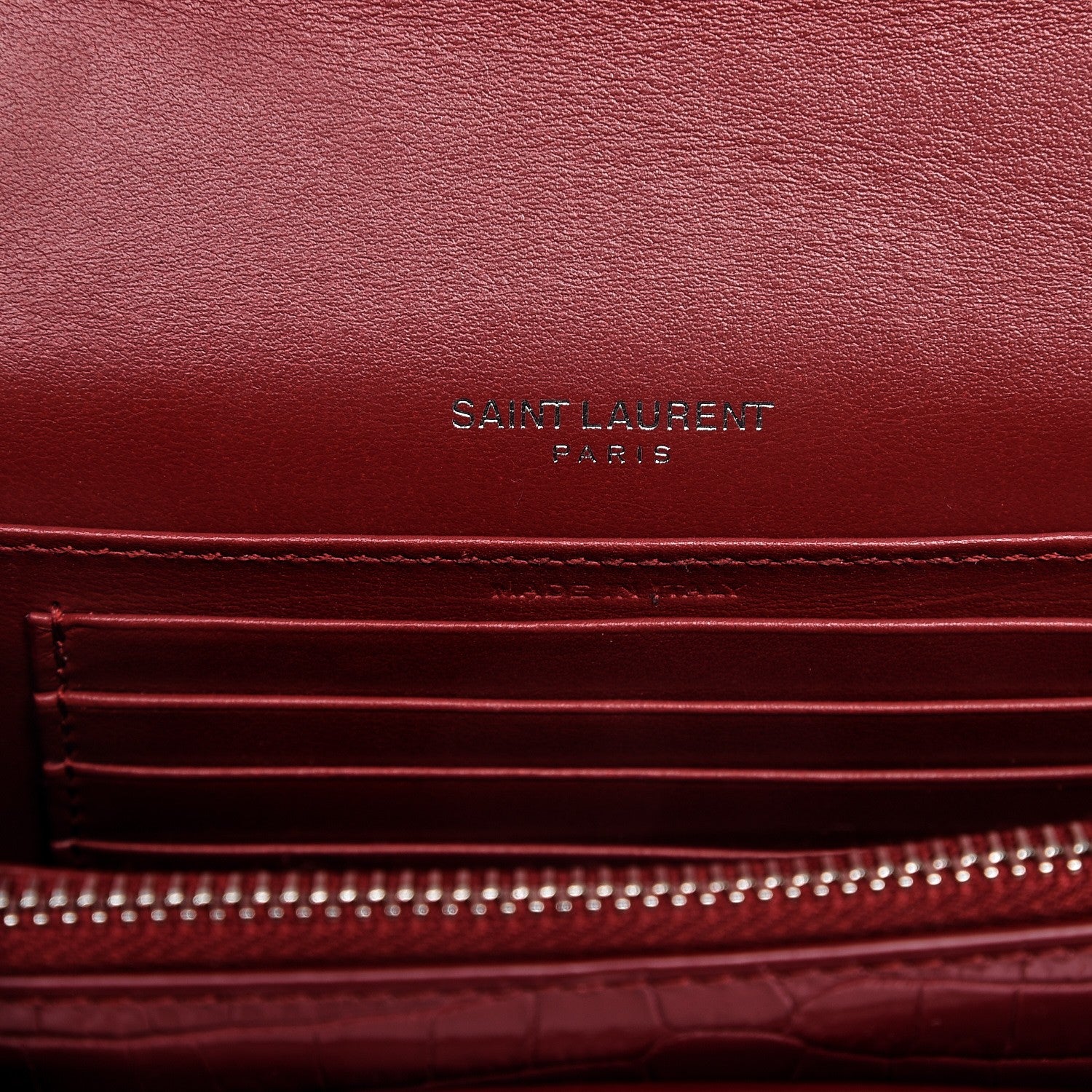 Saint Laurent Calfskin Crocodile Embossed Monogram Sunset Chain Wallet New Lipstick Red 6 of 6