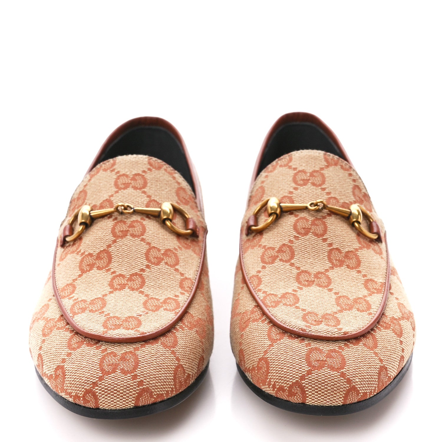 Gucci Canvas GG Monogram Horsebit Womens Jordaan Loafers 38 Beige Ruggine Rust 2 of 9
