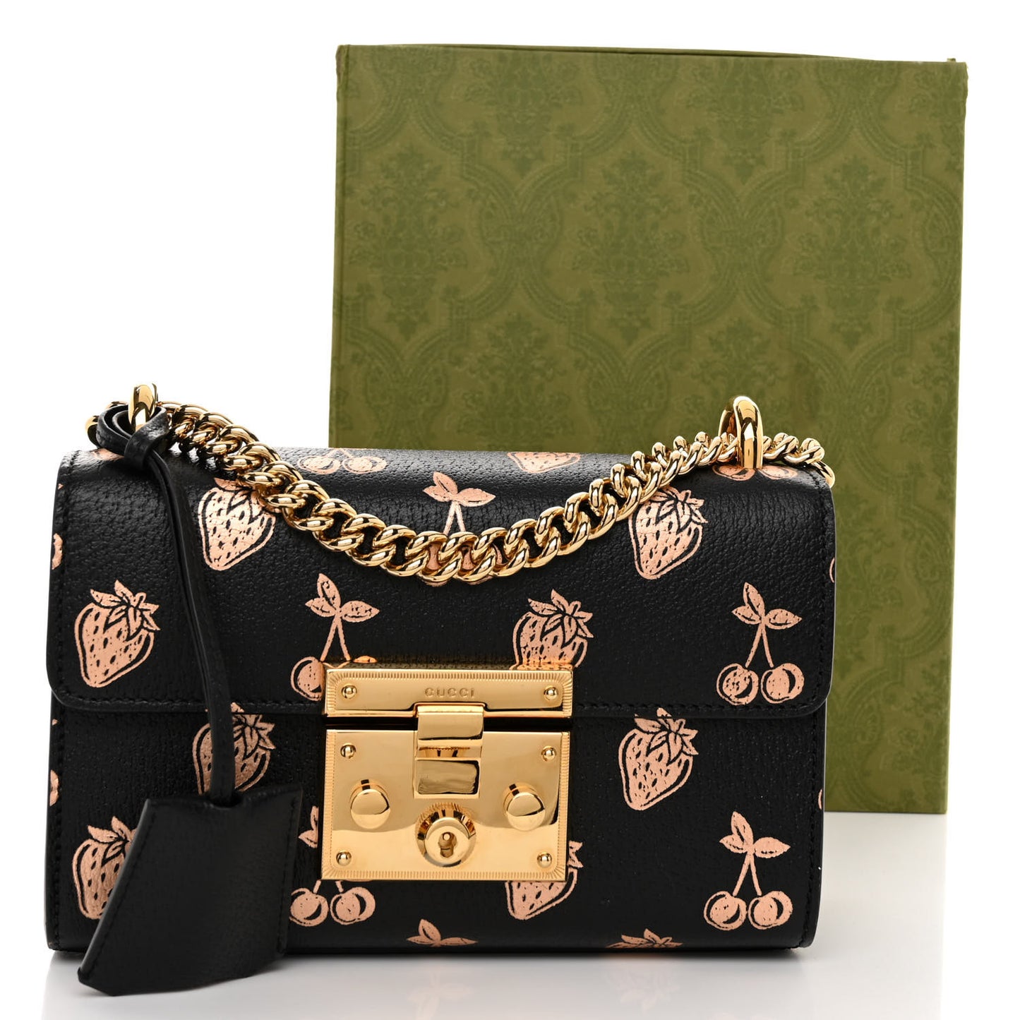 Textured Dollar Calfskin Berry Print Small Padlock Shoulder Bag Black Light Copper
