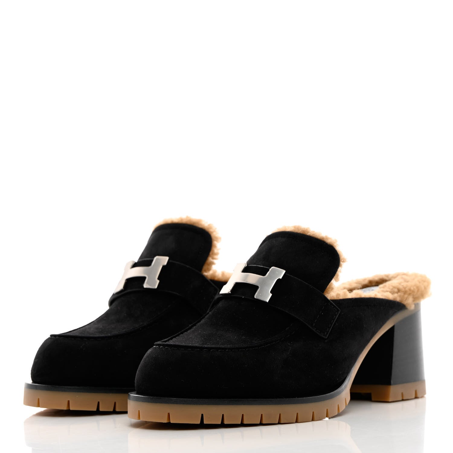 Hermes Suede Goatskin Woolskin Flore 60 Mules 37 Black Camel 3 of 8