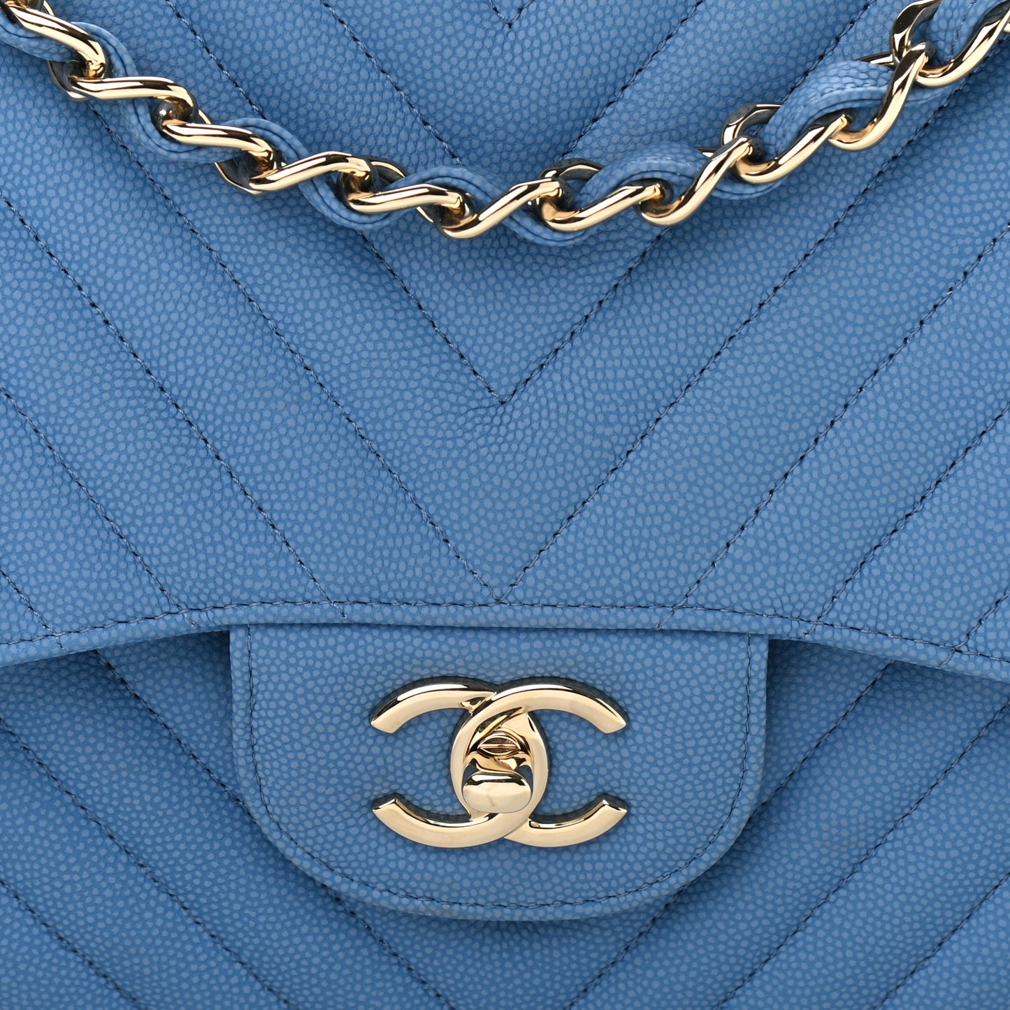 Caviar Flat Chevron Quilted Jumbo Double Flap Blue