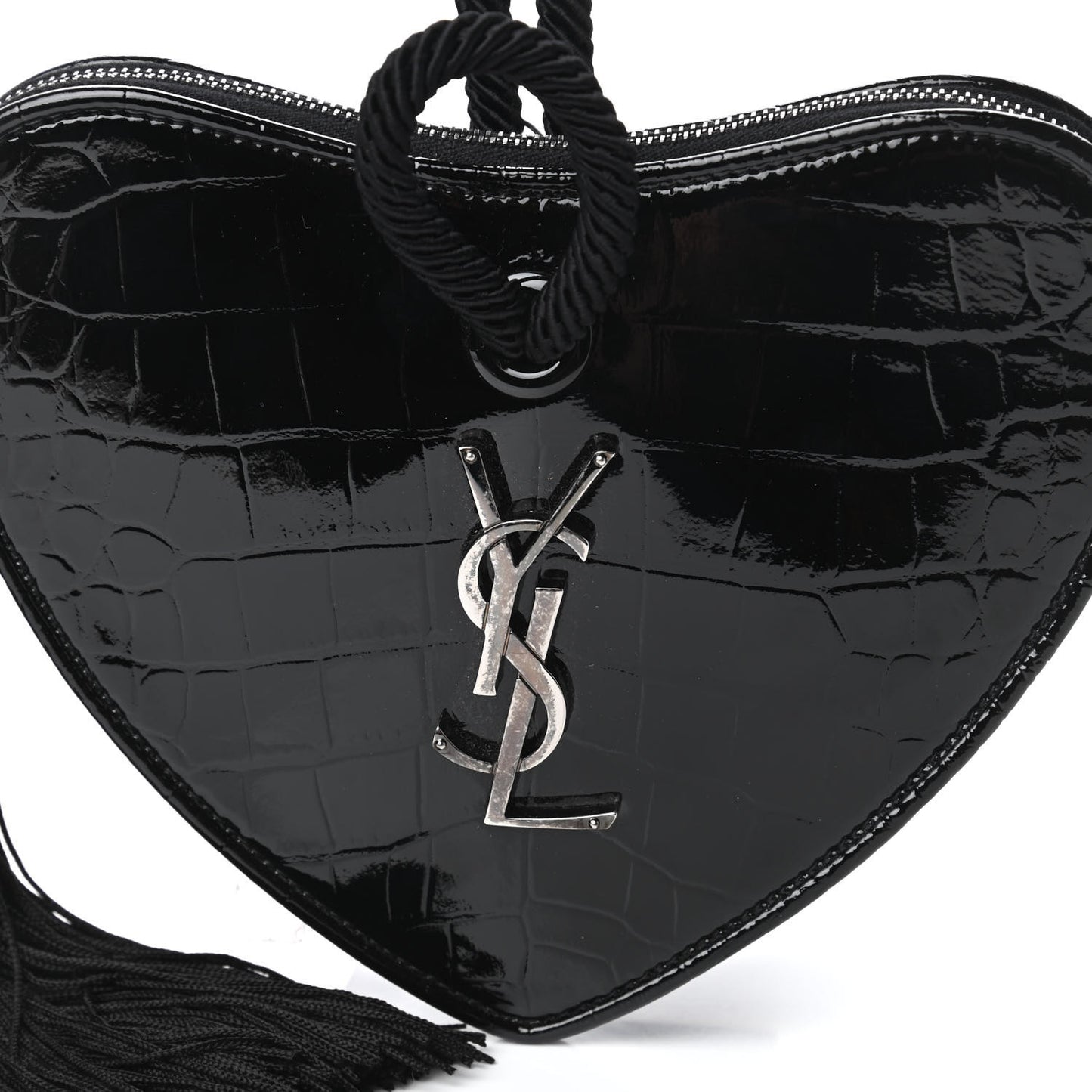 Patent Crocodile Embossed Sac Coeur Heart Shaped Clutch Black