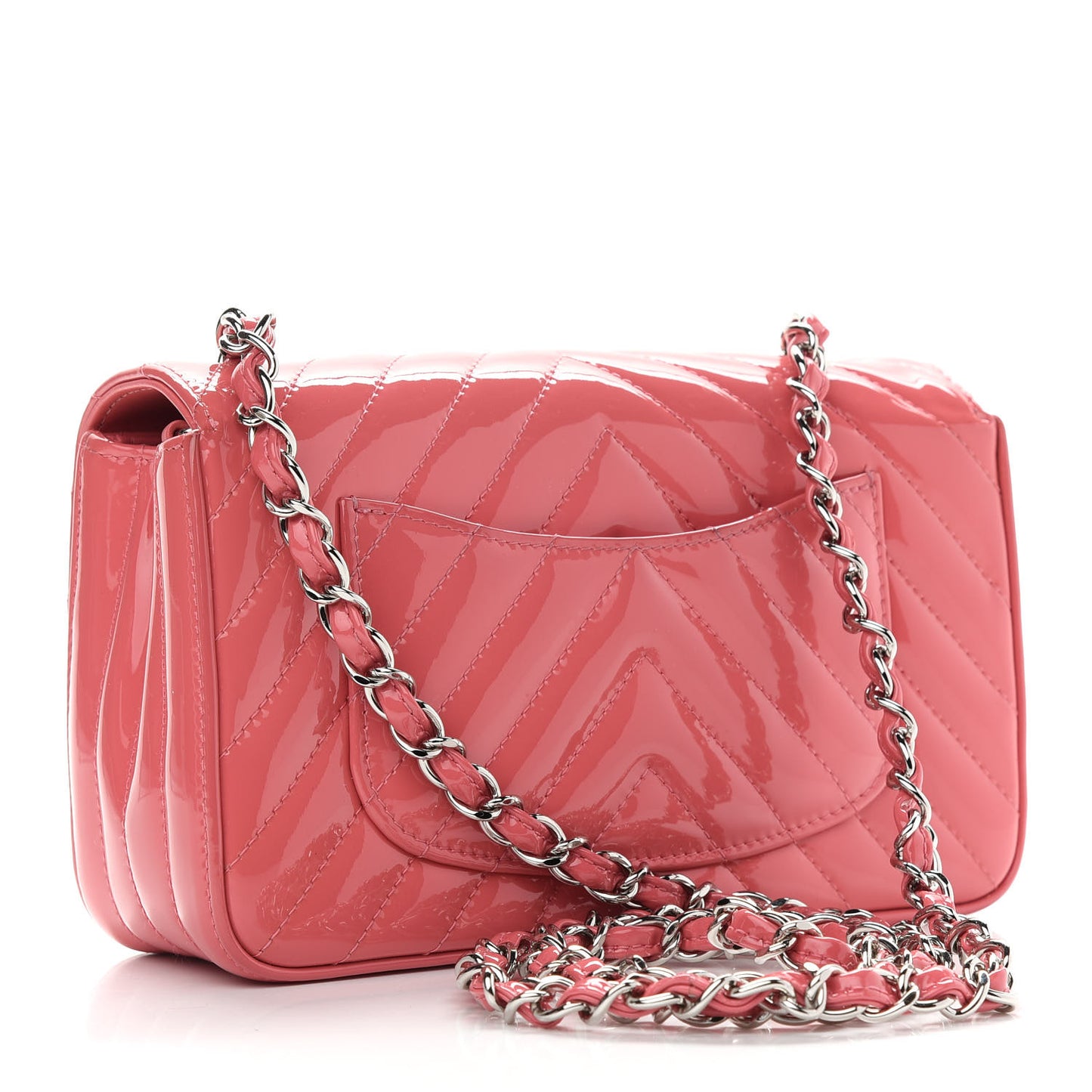 Patent Calfskin Chevron Quilted Mini Rectangular Flap Pink