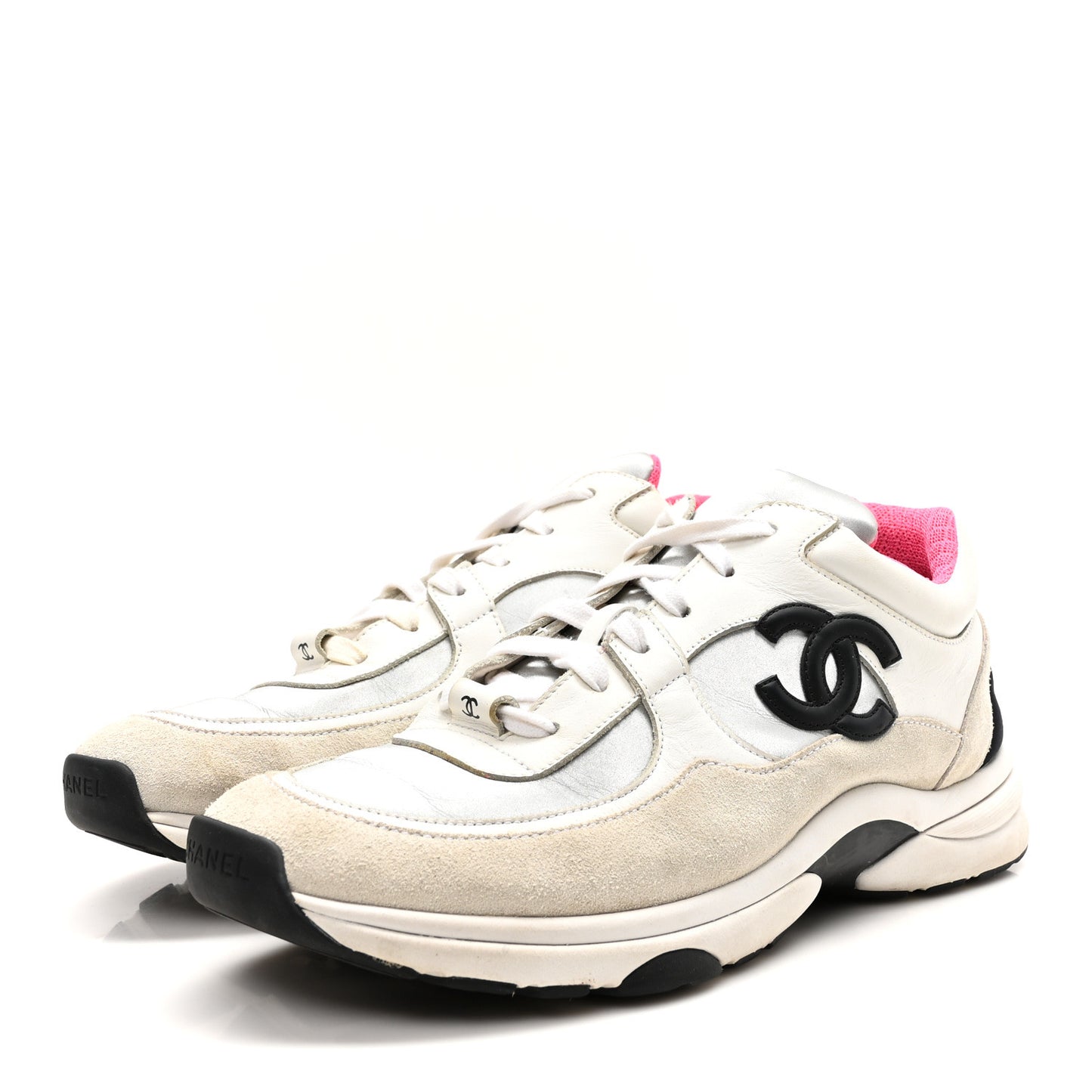 Calfskin Fabric Sneakers 40.5 White Silver Fluo Pink