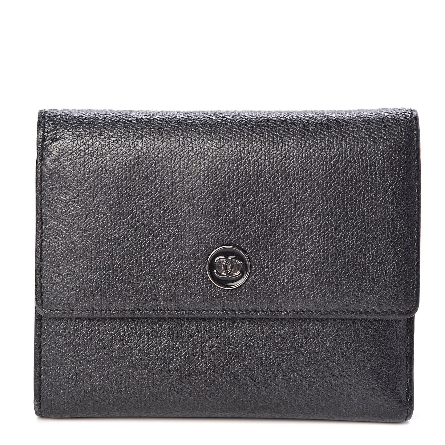 Grained Calfskin CC Button Flap Wallet Black