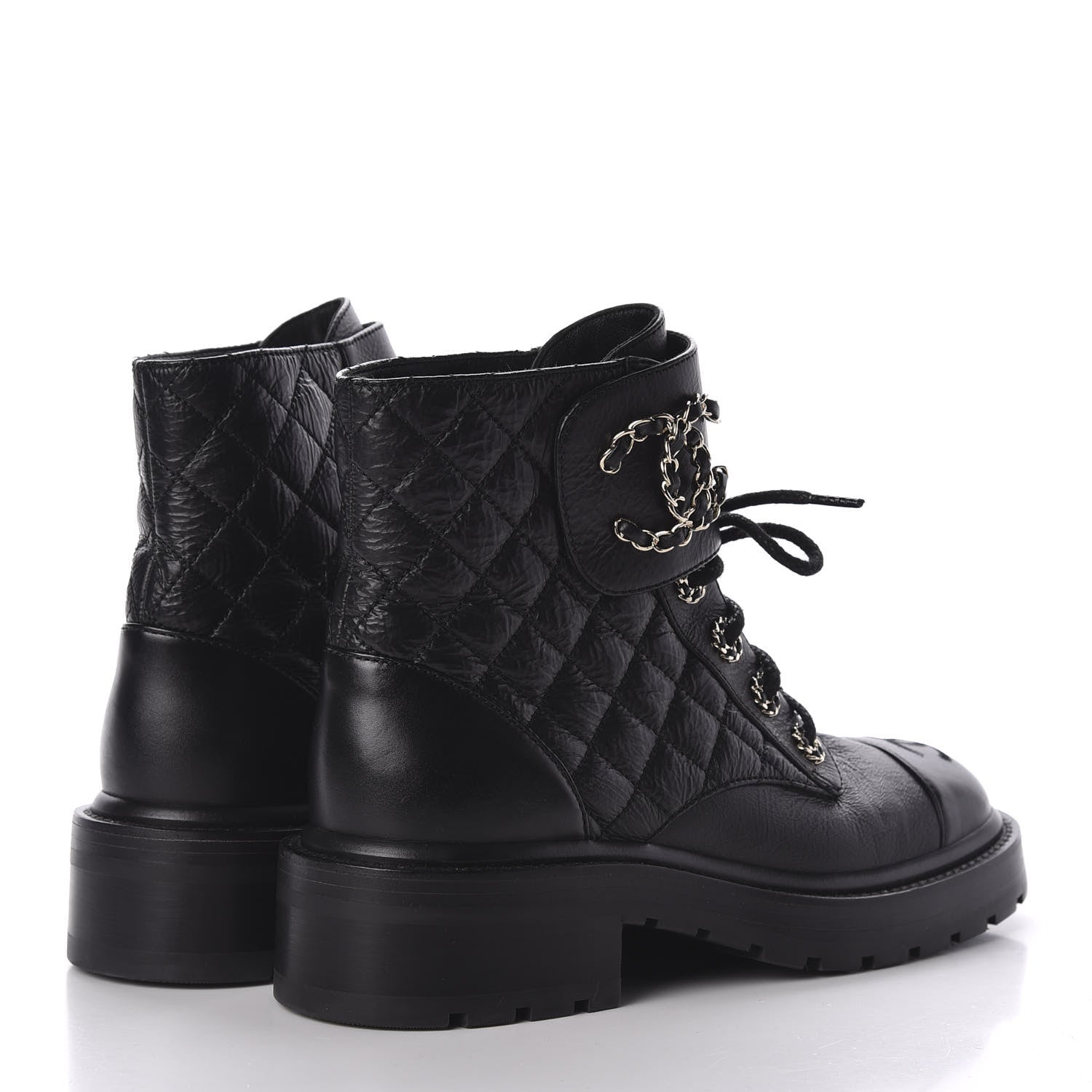 Chanel Shiny Goatskin Calfskin Quilted Lace Up Combat Boots 36 Black 4 of 8