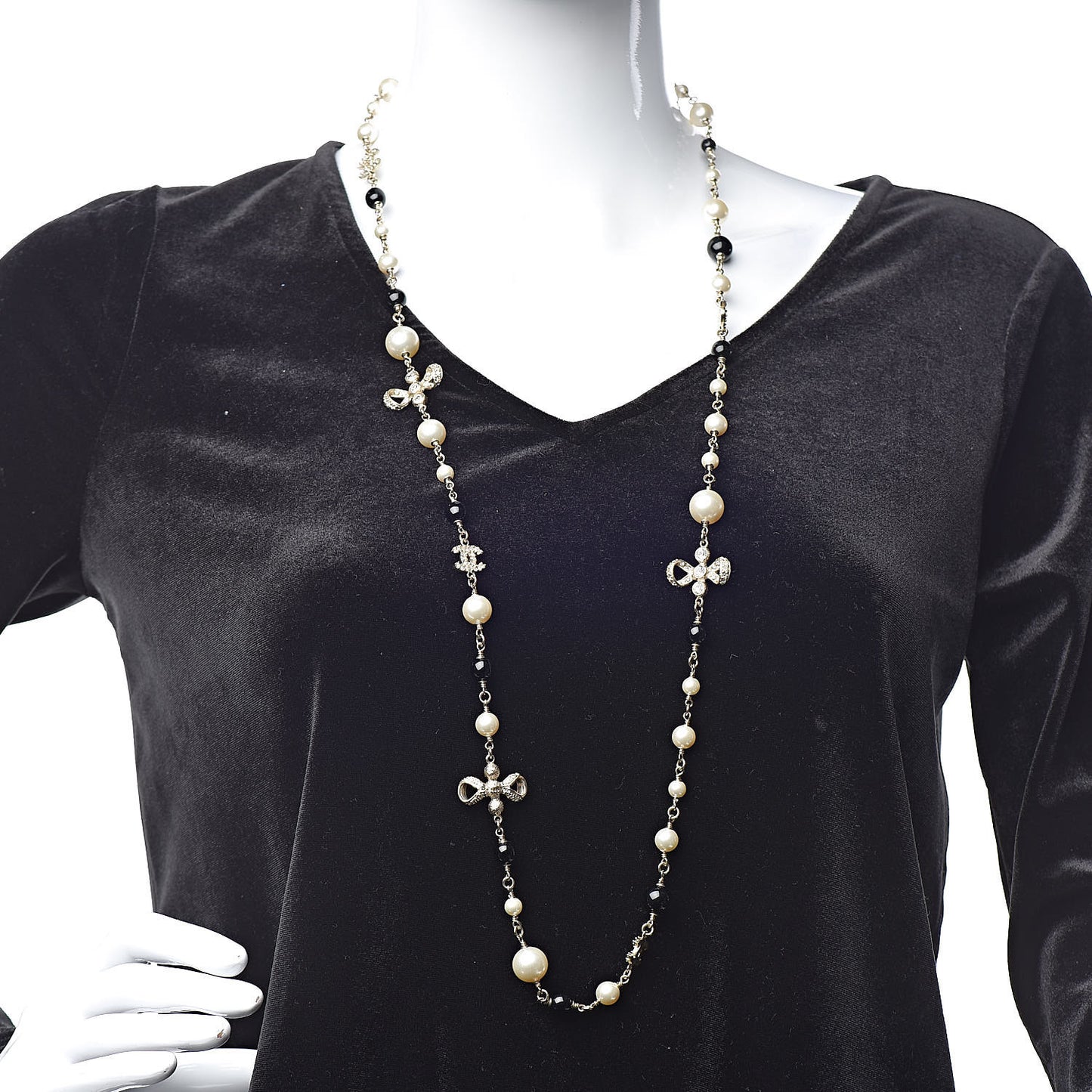 Crystal Pearl CC Bow Necklace Black Gold