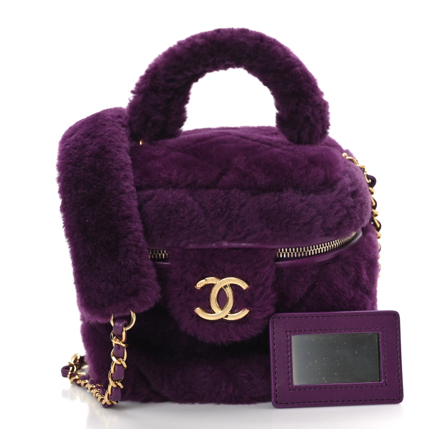 Shearling Lambskin Quilted Small Vanity Case Purple
