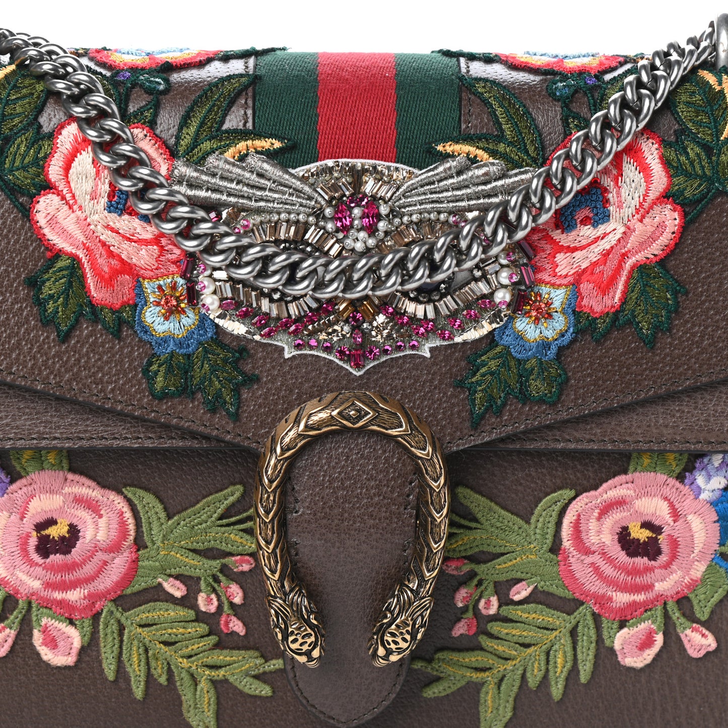 Calfskin Web Owl Embroidered Medium Dionysus Shoulder Bag New Acero Multicolor