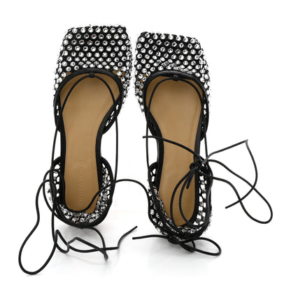 Bottega Veneta Mesh Nappa Crystal Embellished Sparkle Stretch Ankle Tie Flats 38 Black 2 of 8