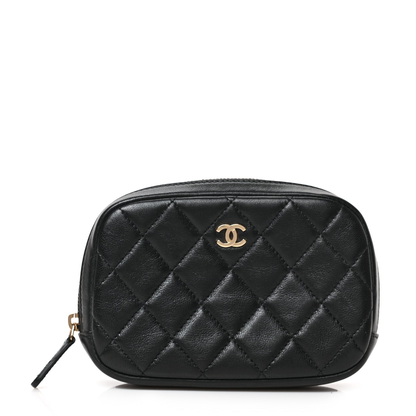 Lambskin Quilted Small Curvy Pouch Cosmetic Case Black