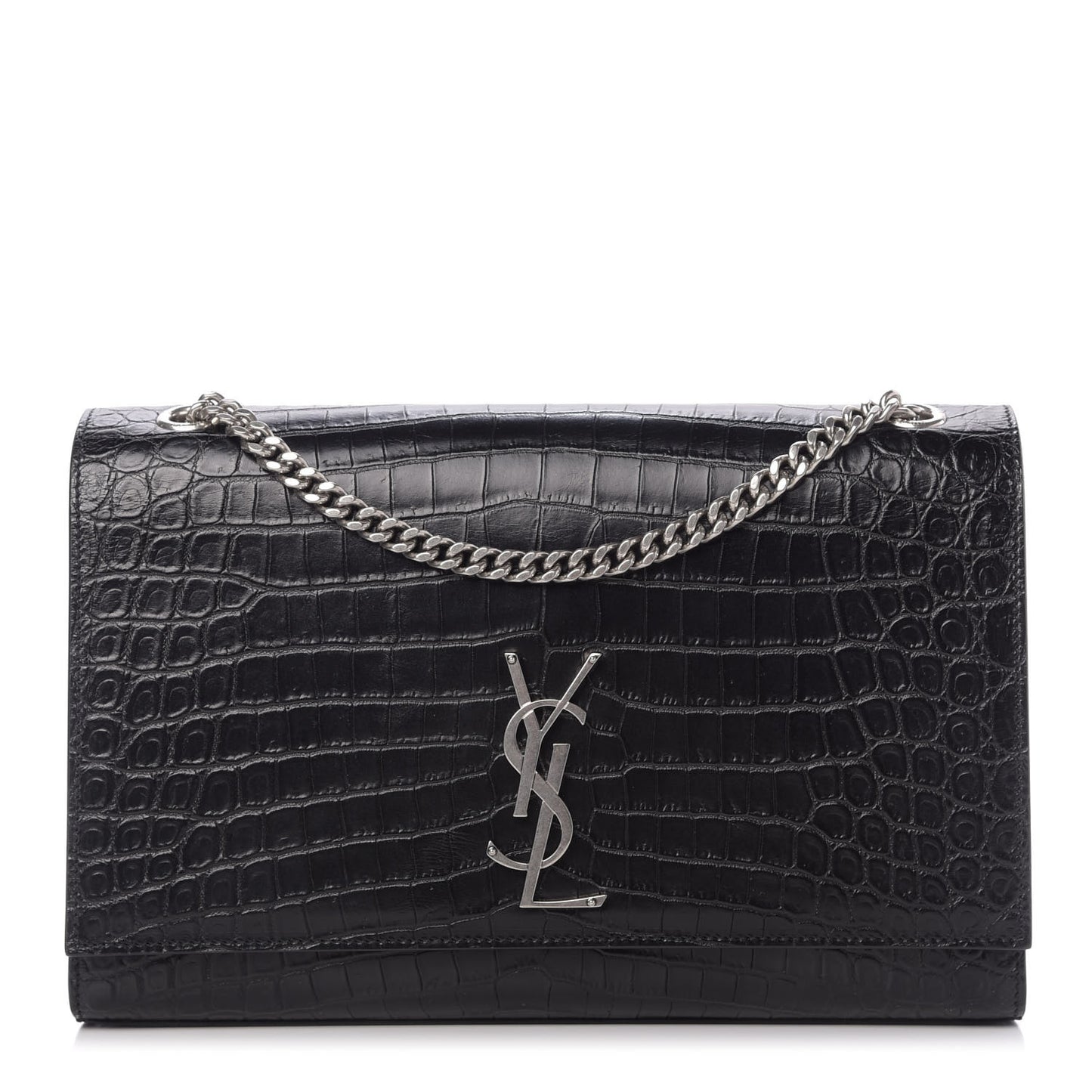 Calfskin Crocodile Embossed Large Classic Monogram Kate Satchel Black