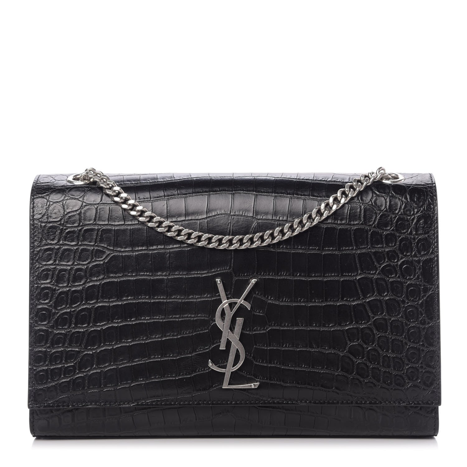 Saint Laurent Calfskin Crocodile Embossed Large Classic Monogram Kate Satchel Black 1 of 9