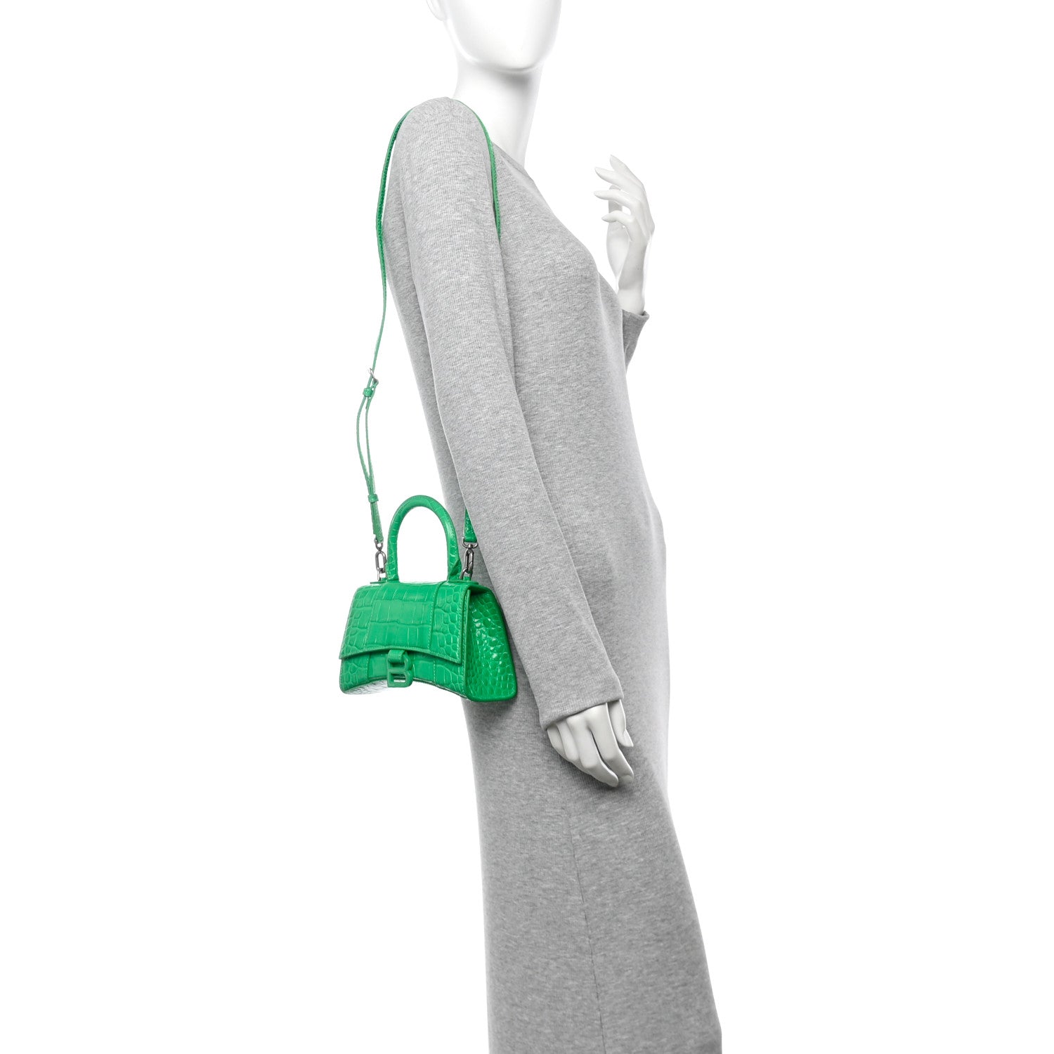 Balenciaga Shiny Calfskin Tonal B Crocodile Embossed Hourglass Top Handle Bag XS Vivid Green 2 of 10