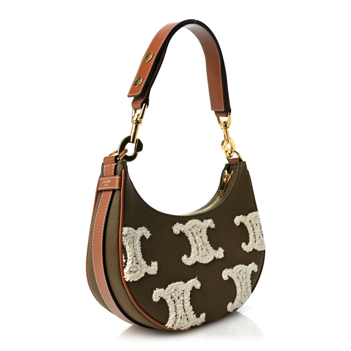 Celine Cotton Gabardine Bouclette Embroidered Medium Strap Ava Triomphe Shoulder Bag Khaki Tan 2 of 8