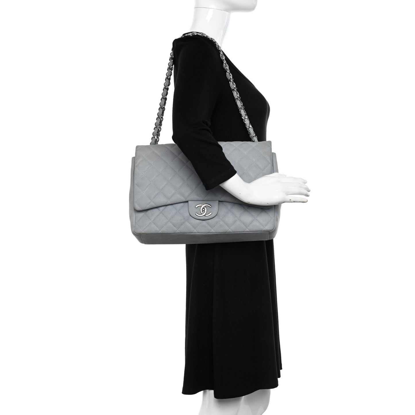 Iridescent Caviar Quilted Maxi Double Flap Grey