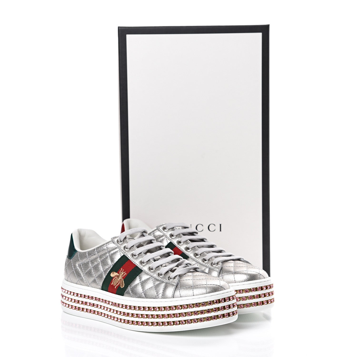 Gucci Laminated Nappa Crystal Web Bee Embroidered Trapuntata Womens Ace Platform Sneakers 36.5 Argento 8 of 8