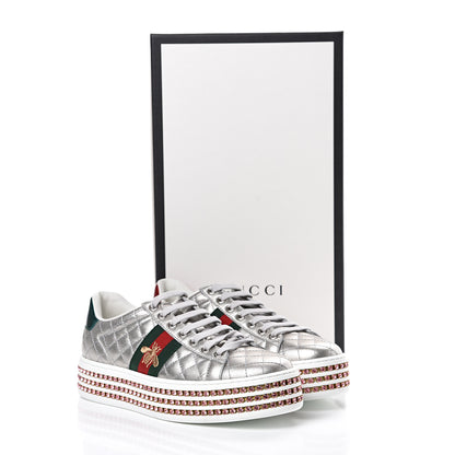 Gucci Laminated Nappa Crystal Web Bee Embroidered Trapuntata Womens Ace Platform Sneakers 36.5 Argento 8 of 8