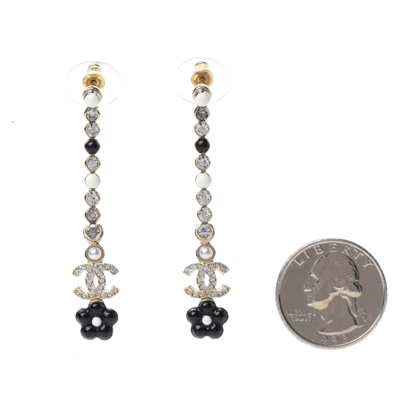 Crystal Enamel Flower CC Drop Earrings Gold White Black