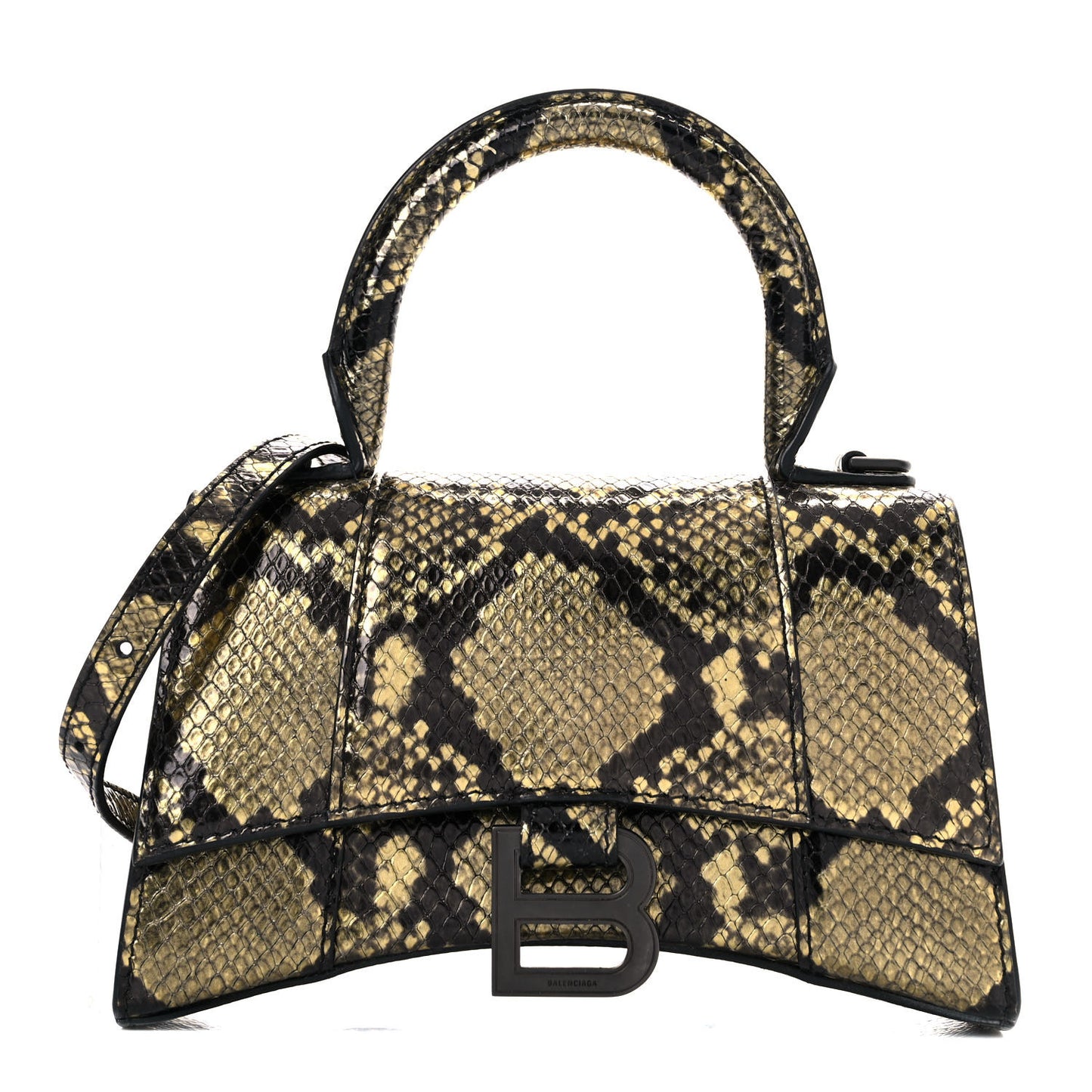 Shiny Calfskin Snakeskin Embossed Hourglass Top Handle Bag XS Gold Black