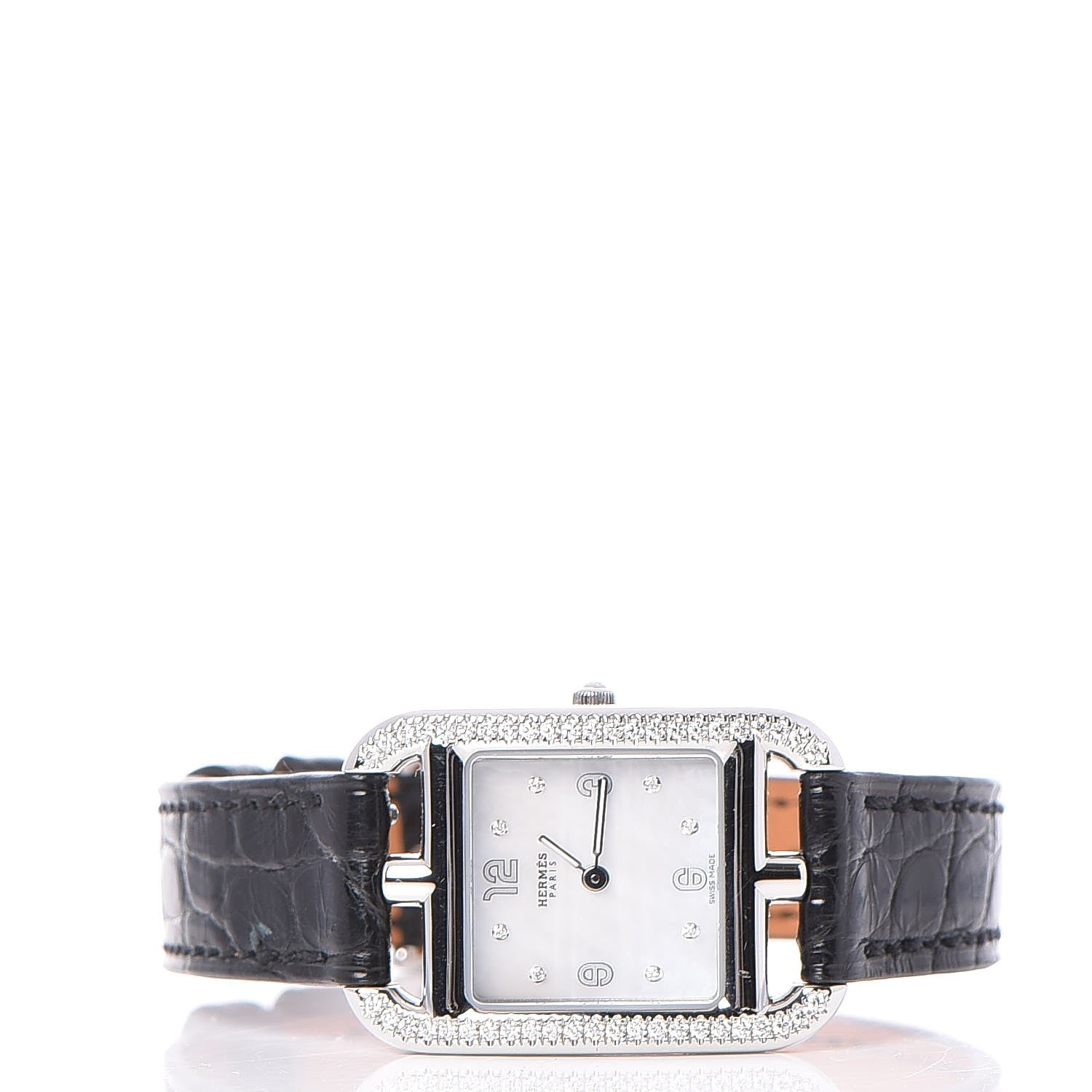 Hermes Stainless Steel Alligator Diamond Bezel Mother of Pearl 23mm Cape Cod Quartz Watch Noir 3 of 11