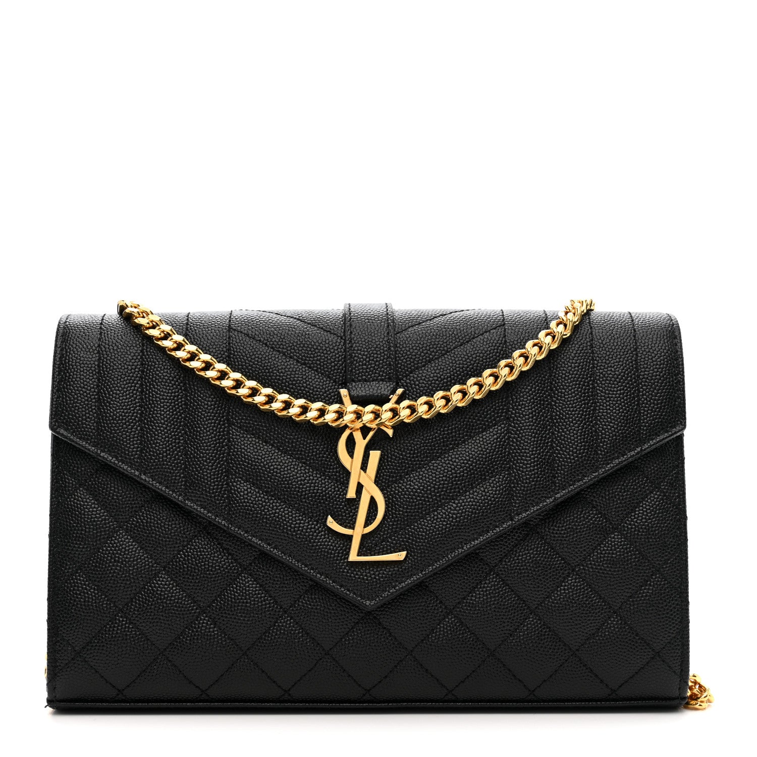 Saint Laurent Grain De Poudre Mixed Matelasse Triquilt Monogram Chain Wallet Black 1 of 9