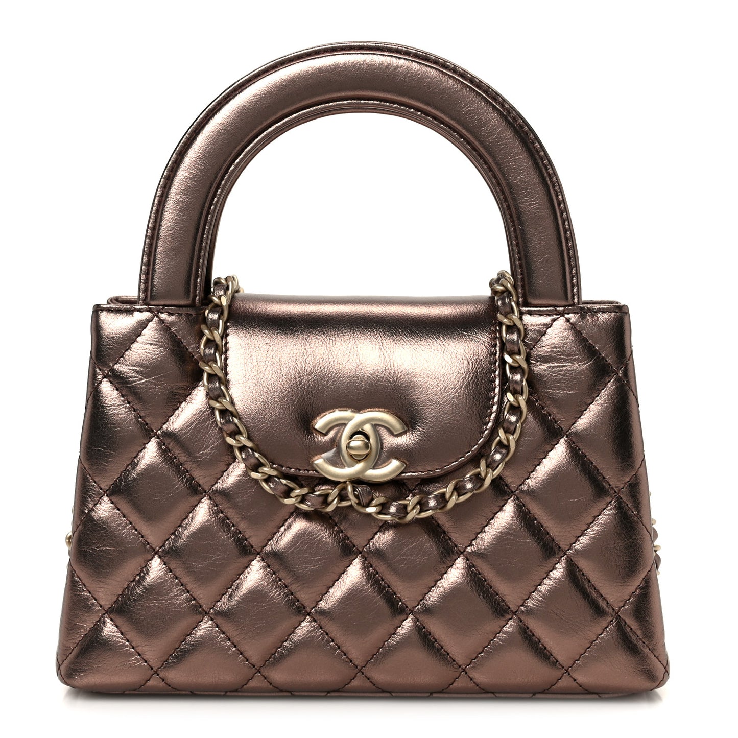 Metallic Aged Calfskin Quilted Nano Kelly Shopper Bronze