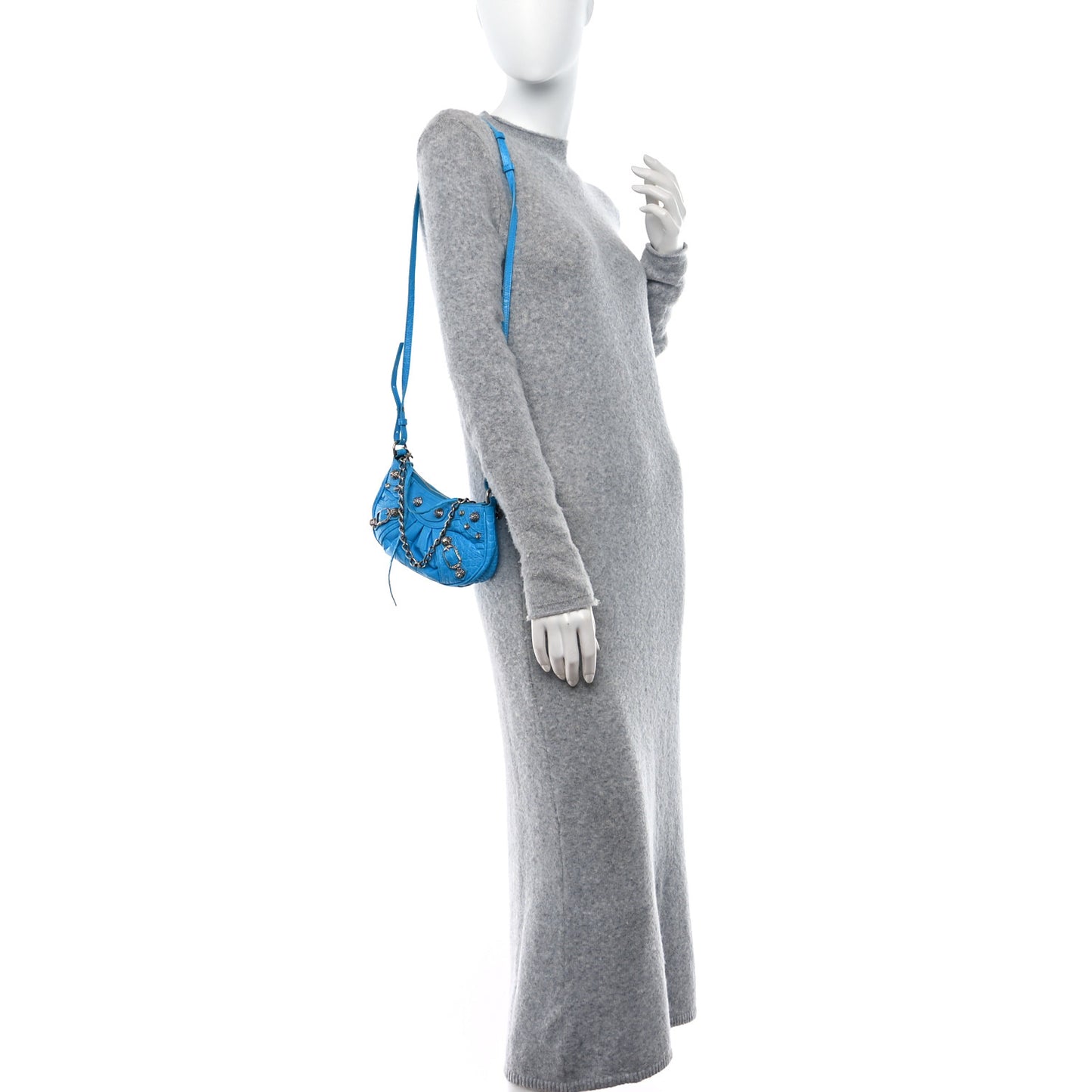 Extra Supple Calfskin Crocodile Embossed Crystal Mini Le Cagole Purse With Chain Cyan