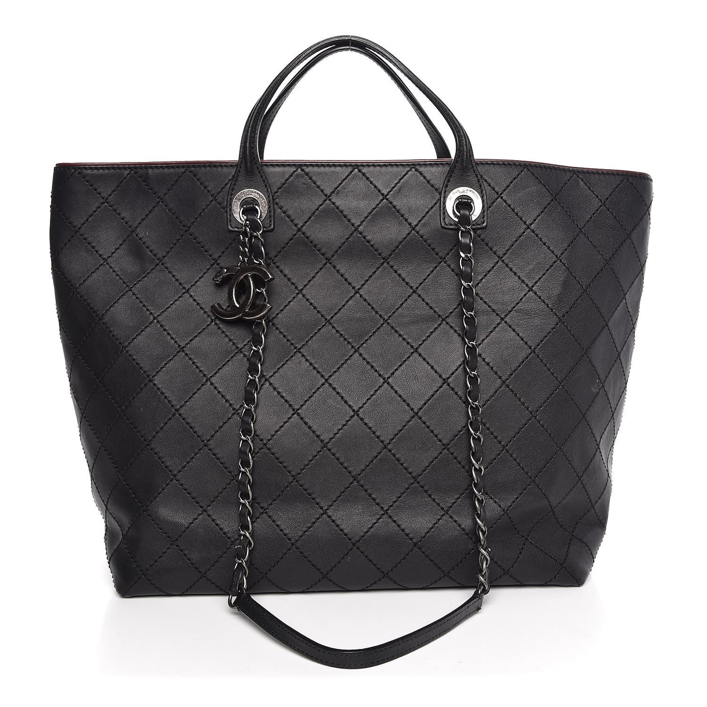Calfskin Stitched Large Shopping Tote Black